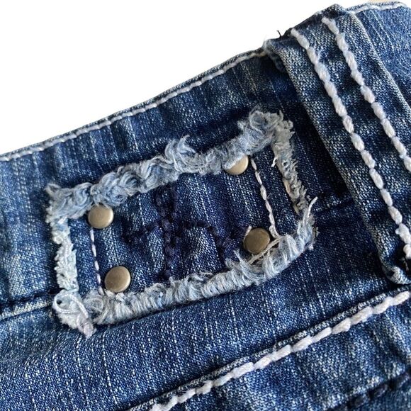 Vintage Hydraulic Distressed Denim Blue Jean Flap Pocket Micro Mini Skirt Sz 7/8 - Picture 5 of 14